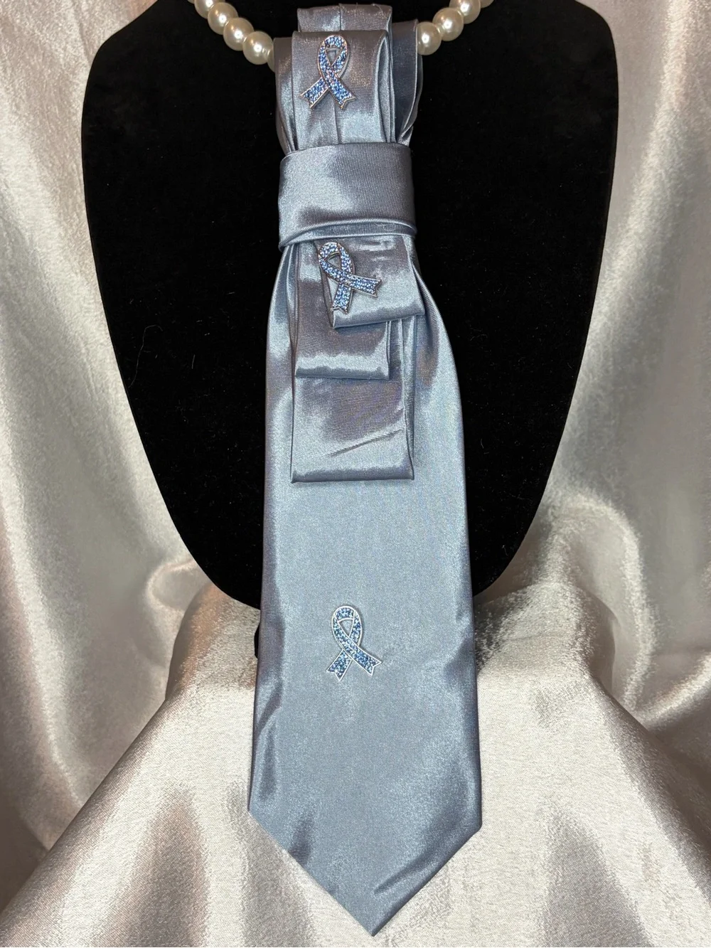 Silver Blue Gray Women’s Satin Tie with Blue  Autism Awareness Ribbon Pins